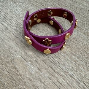 Tory Burch fuchsia pink purple gold logo studded leather wrap bracelet